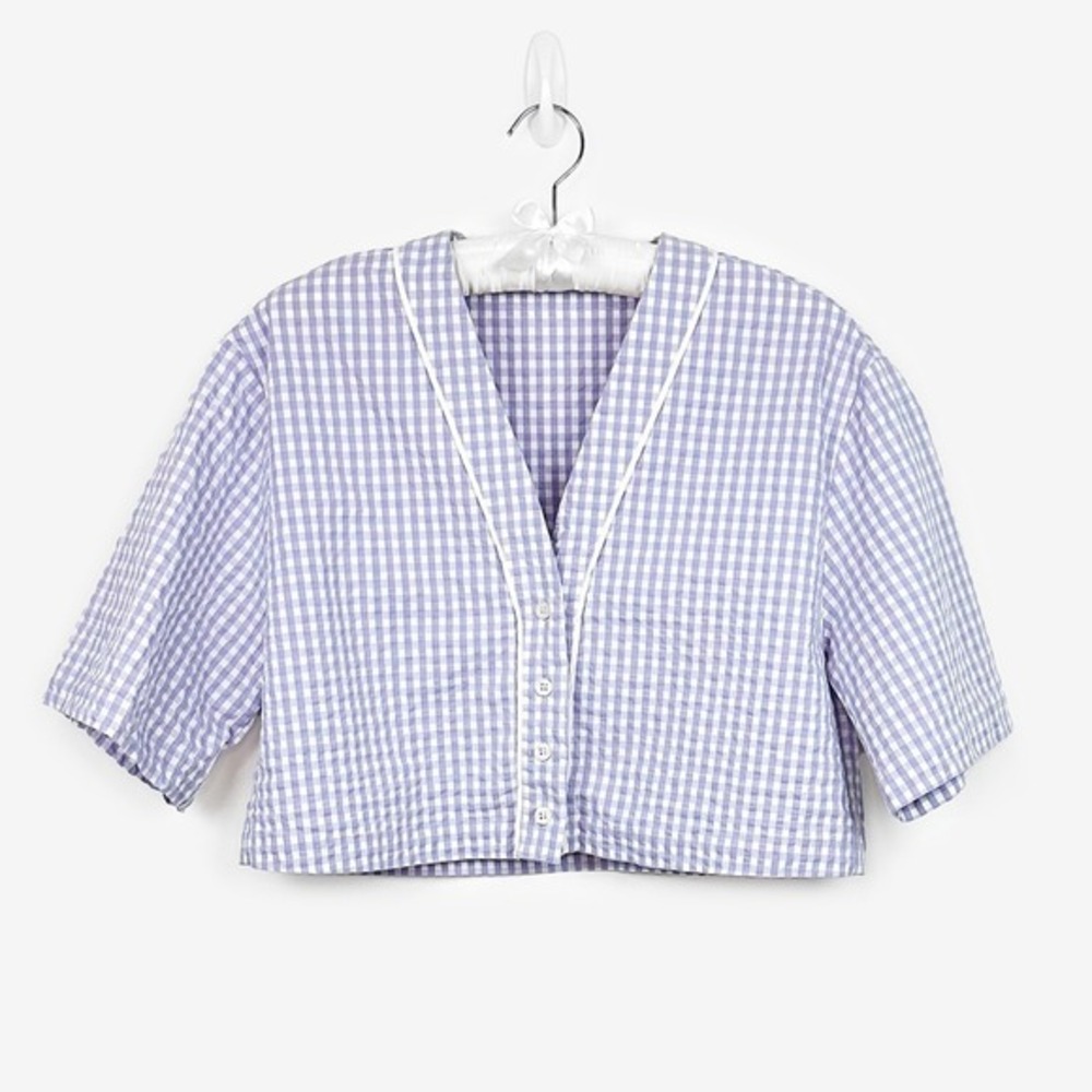 Zara Cropped Gingham Shirt Size M Purple Cotton Blend‎ Pastel Soft Girl Boxy Top